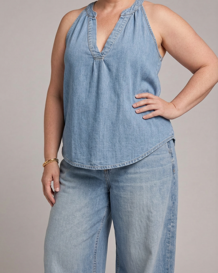 Opaline | Halter Neck Denim Top en Brede Pantalon Set