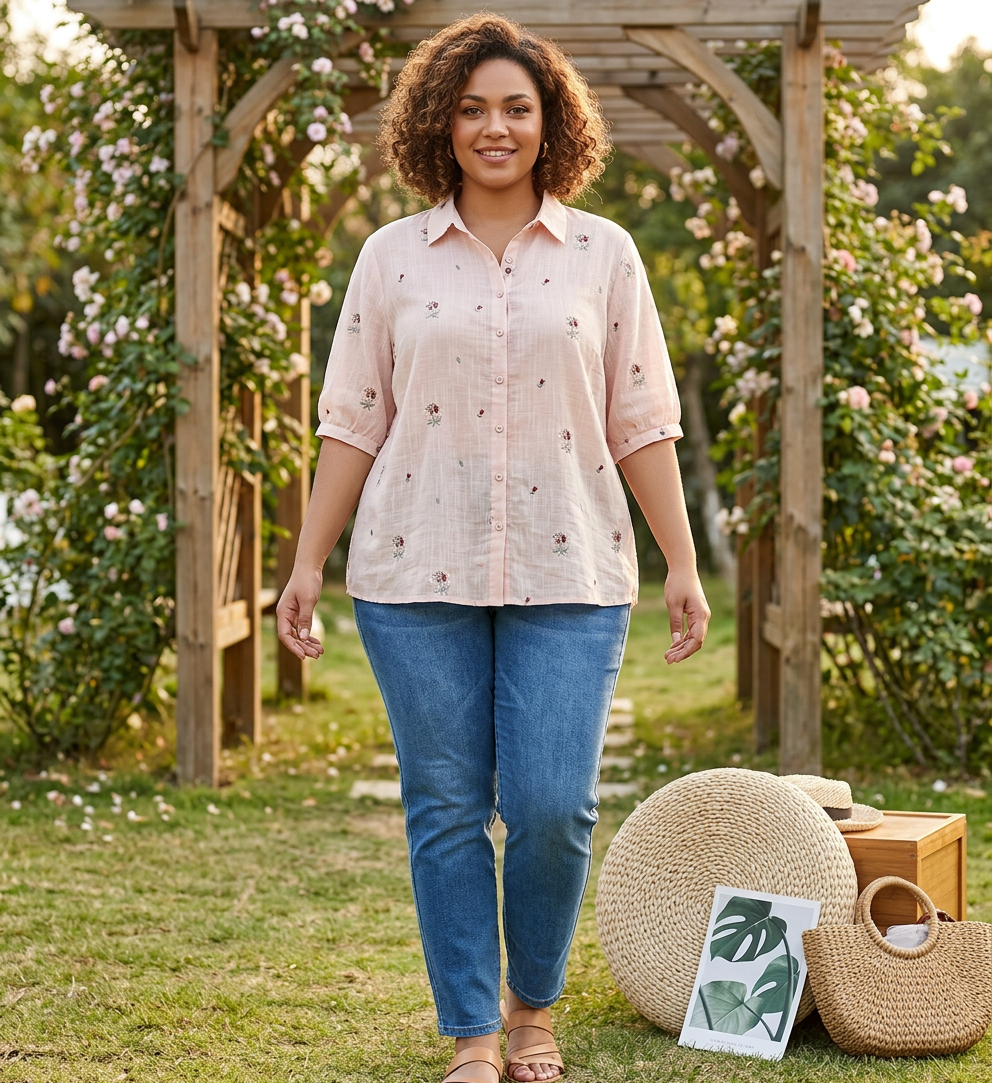Rin - Katoenen Bloem Geborduurd Comfortabel Shirt