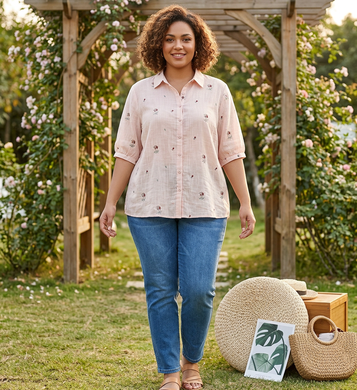 Rin - Katoenen Bloem Geborduurd Comfortabel Shirt