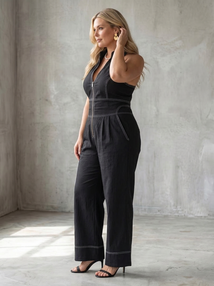 Nell | Zip Front Contrast Stitch Wide Leg Jumpsuit