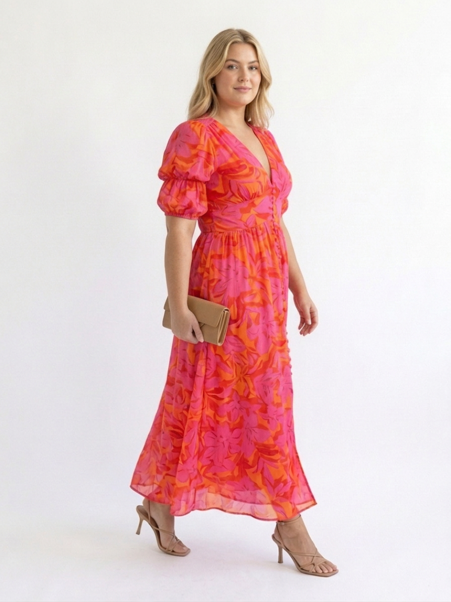 Beatrice | Bloemen V-Hals Puff Sleeve Midi Jurk