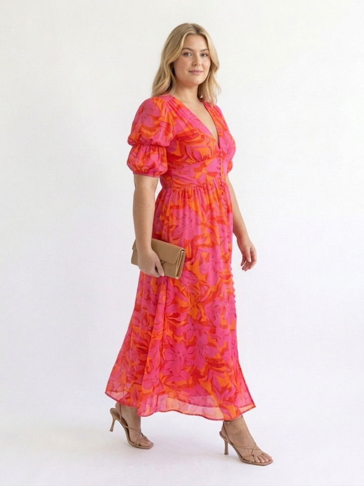 Beatrice | Bloemen V-Hals Puff Sleeve Midi Jurk