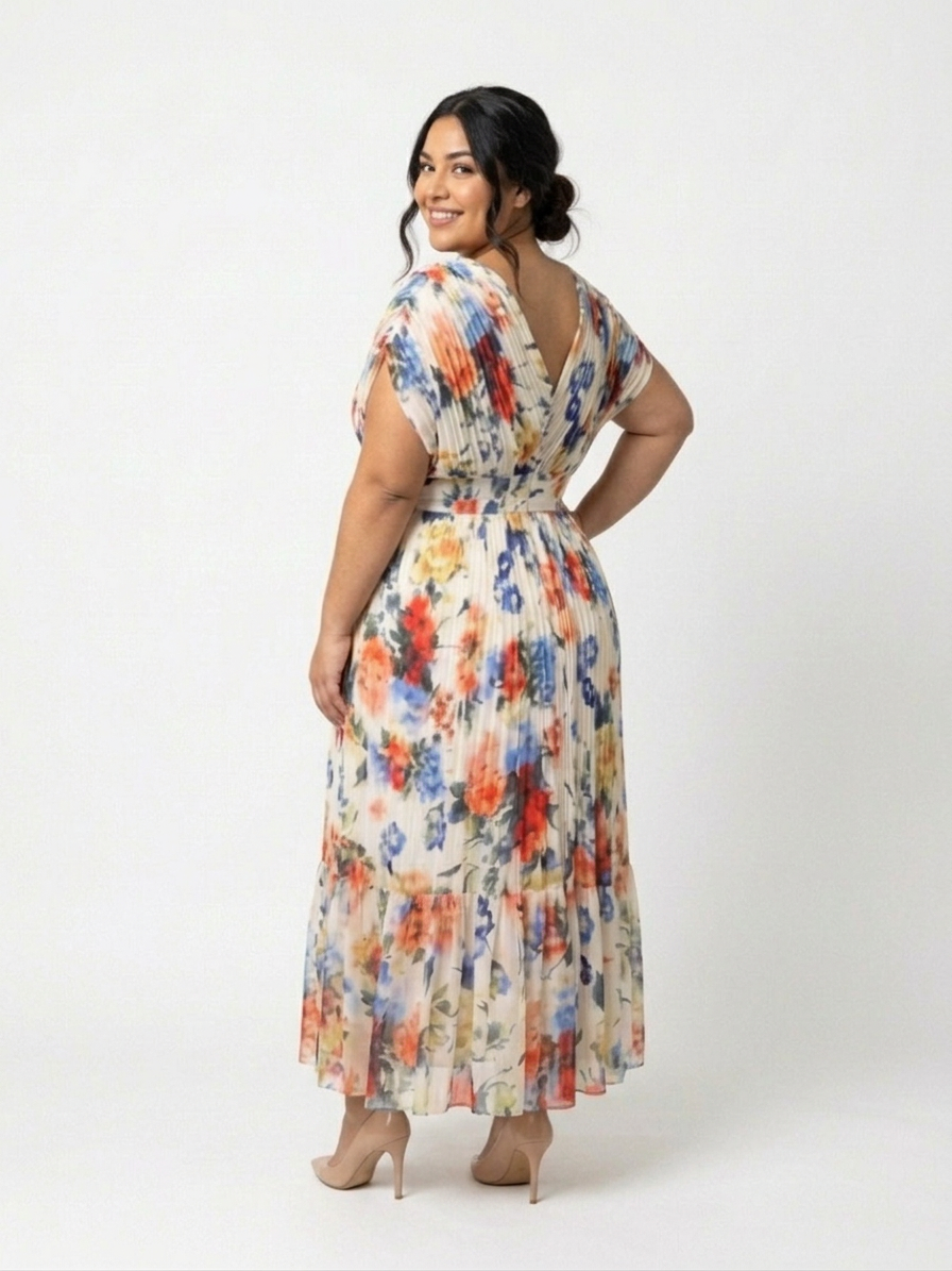 Coraline | Korte Mouw Geplooide Bloemen Midi Jurk