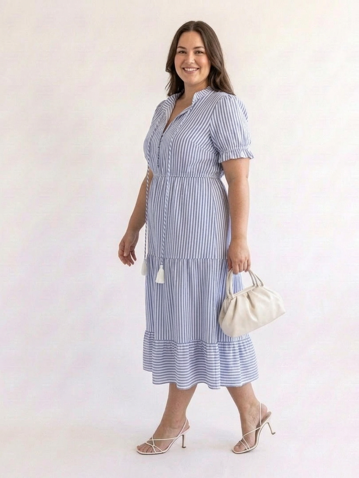 Oleander | Korte Mouw Gestreepte Tiered Midi Jurk
