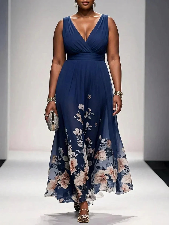 Salma | Lichtblauwe Bloemen Chiffon V-Hals Maxi Jurk