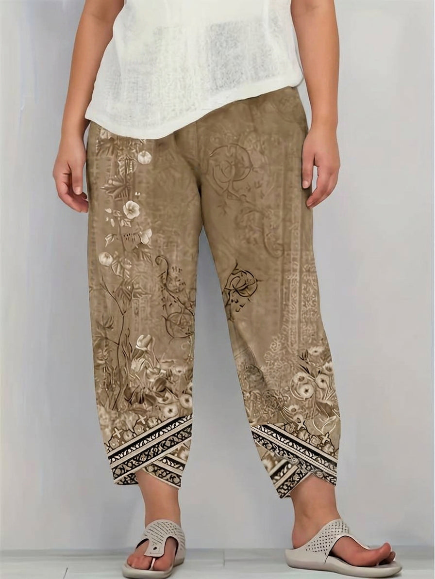 Olwen | Vintage Bloemen Capri Broek Met Elastische Taille