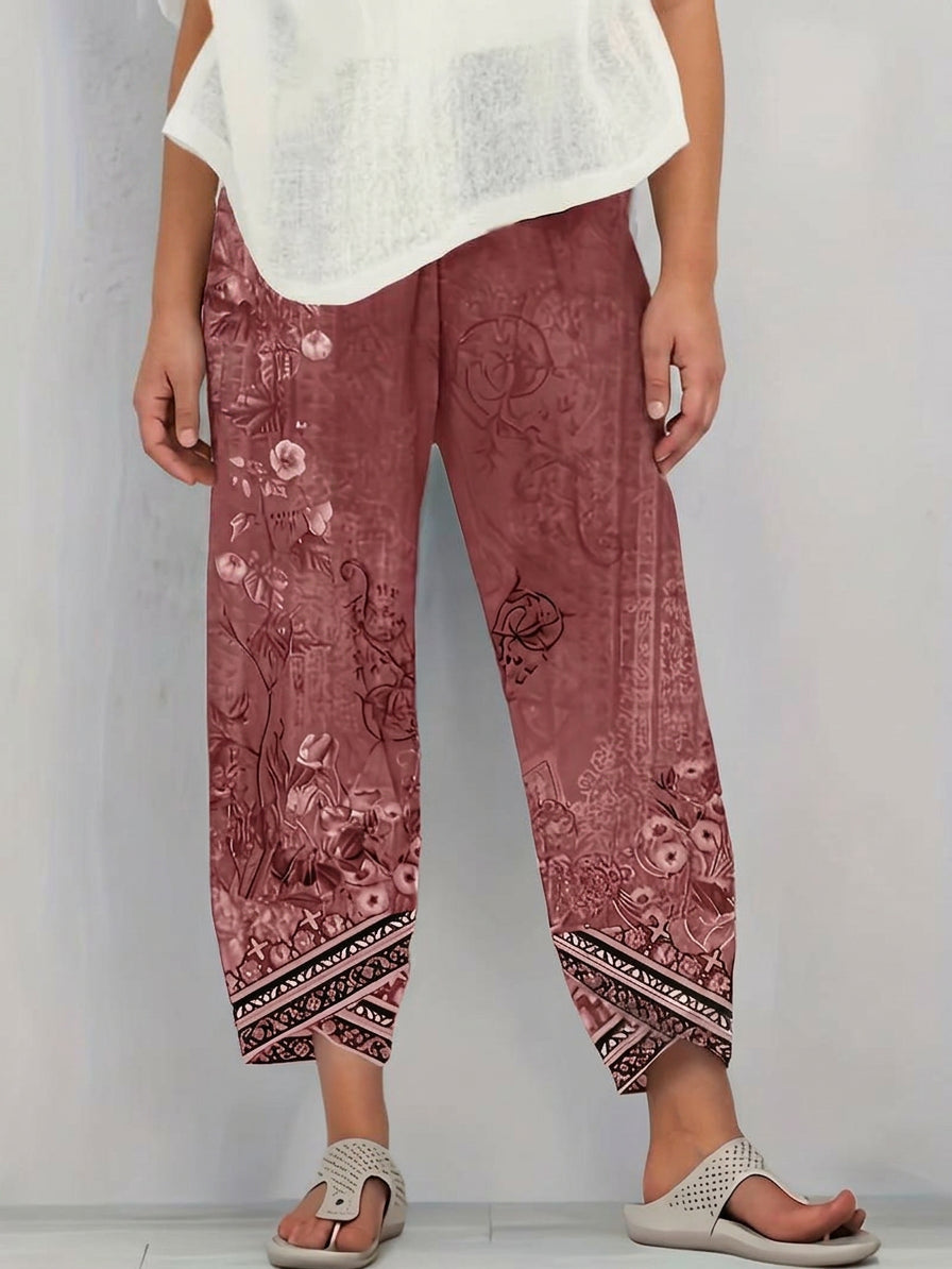 Olwen | Vintage Bloemen Capri Broek Met Elastische Taille