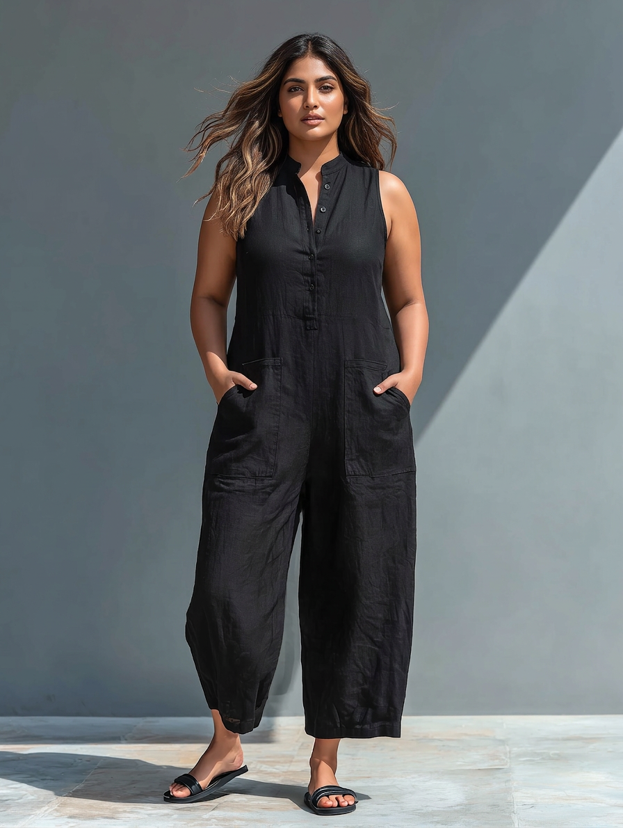 Mouwloze Minimalistische Jumpsuit voor Vrouwen met Hoge Kraag en Knopen