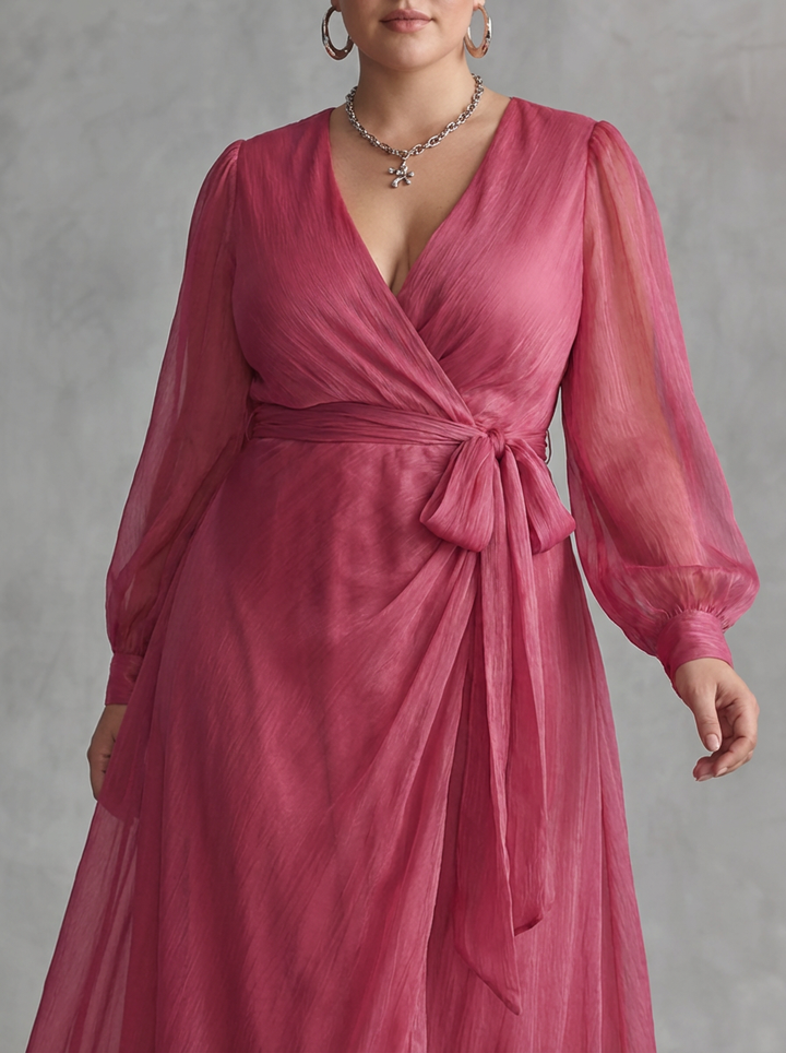 Elegante lange roze chiffon jurk met parels en V-hals voor dames
