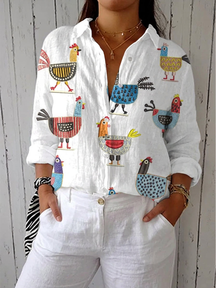 Halcyon – Speelse Kippenprint Blouse