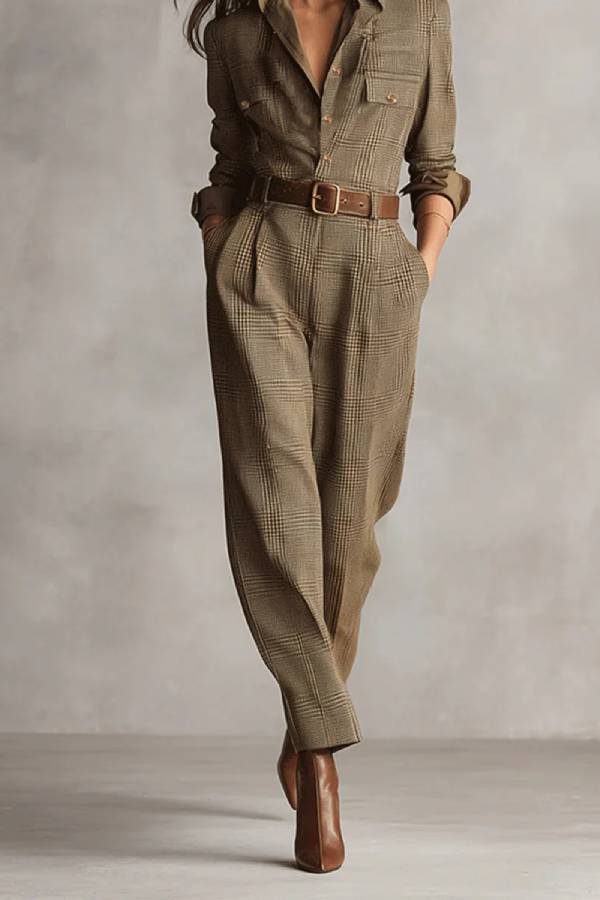 Ember - Bruin Verfijnd Tweed Textuur Ruit Utility Jumpsuit