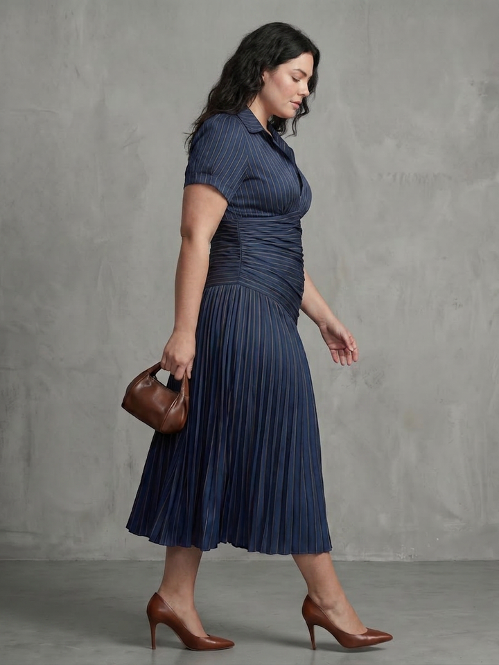 Vita | Plissé Taille Streep Midi Jurk