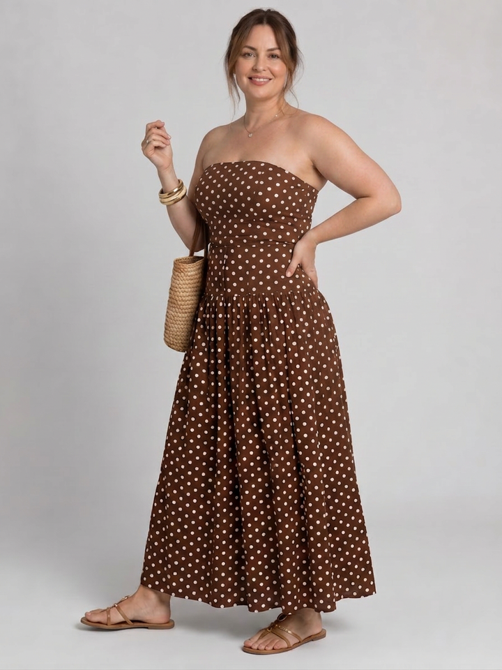 Olwen | Strapless Polka Dot Pattern Midi Dress