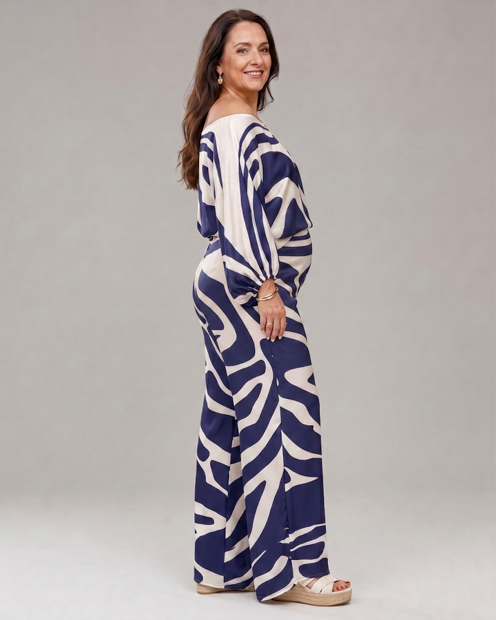 Calliope | Abstracte Print Off Shoulder Top en Brede Pantalon Set