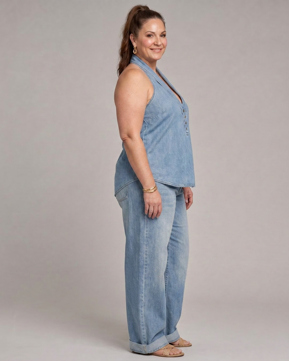 Opaline | Halter Neck Denim Top en Brede Pantalon Set