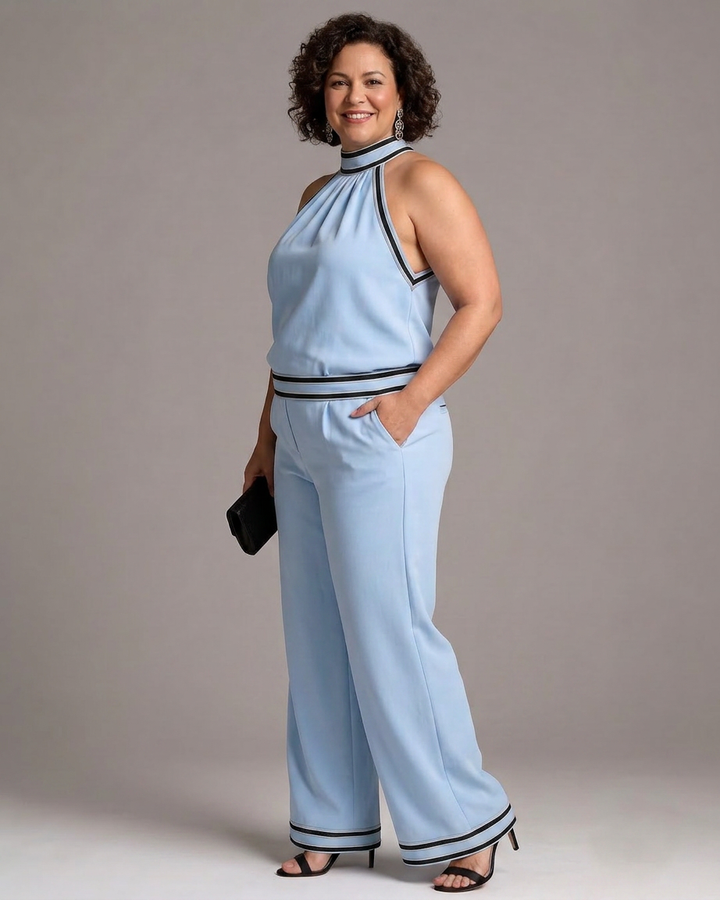 Saffraan | Contrast Trim Halter Neck Wijde Pijpen Jumpsuit