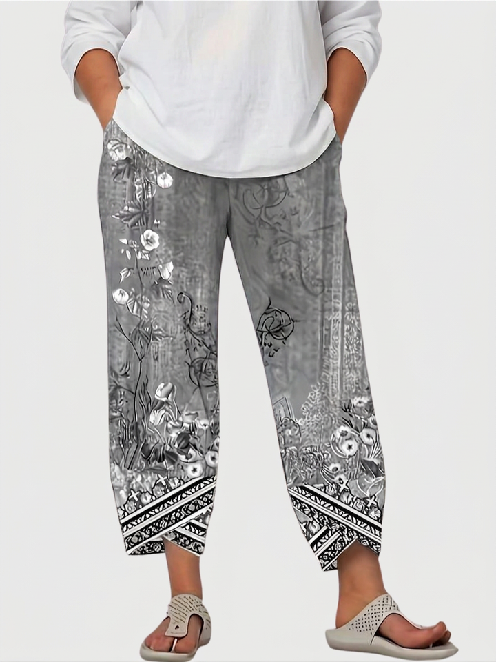 Olwen | Vintage Bloemen Capri Broek Met Elastische Taille