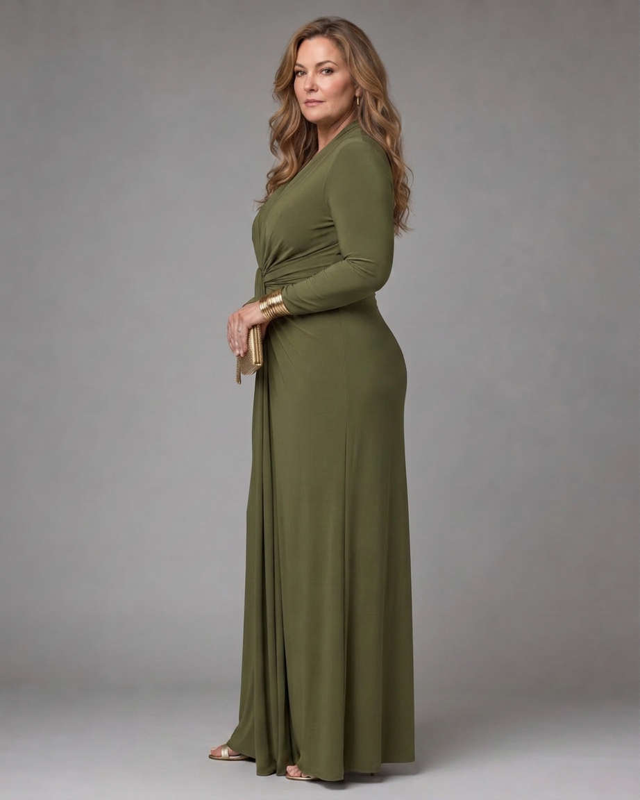 Vienne | Draped Diepe V-Hals Lange Mouwen Maxi Jurk