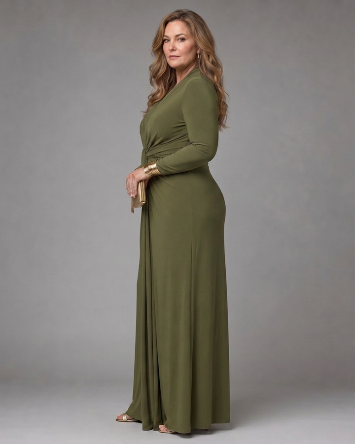 Vienne | Draped Diepe V-Hals Lange Mouwen Maxi Jurk
