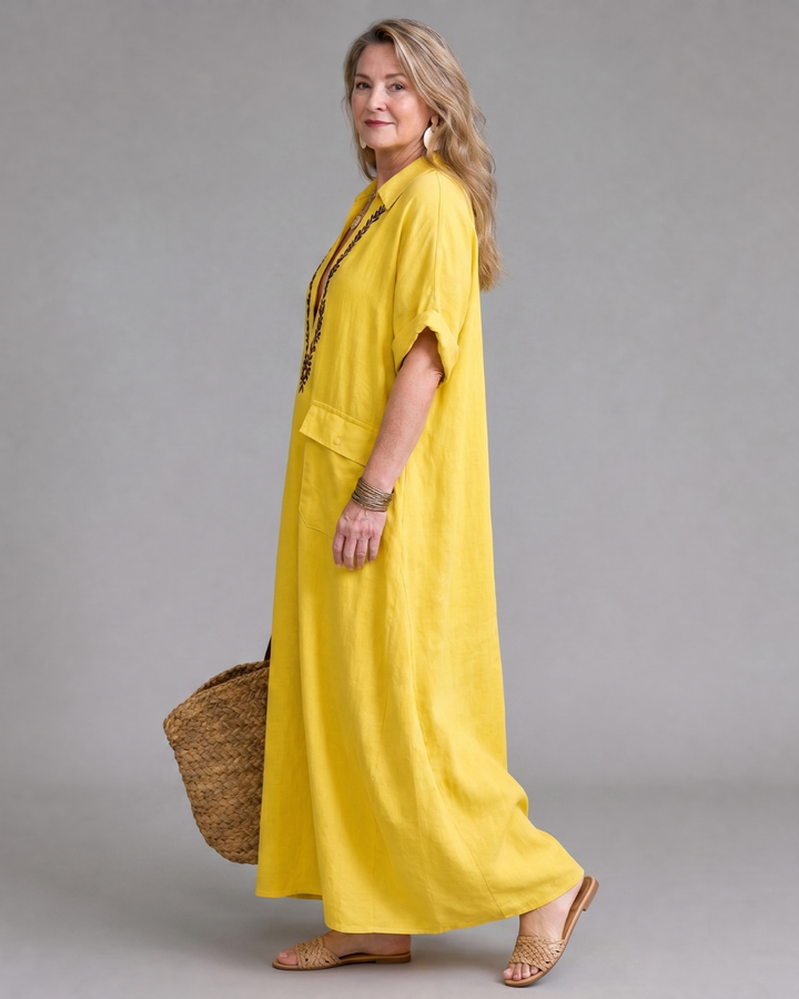 Posy | Geborduurde V-hals Pocket Detail Ontspannen Maxi Jurk