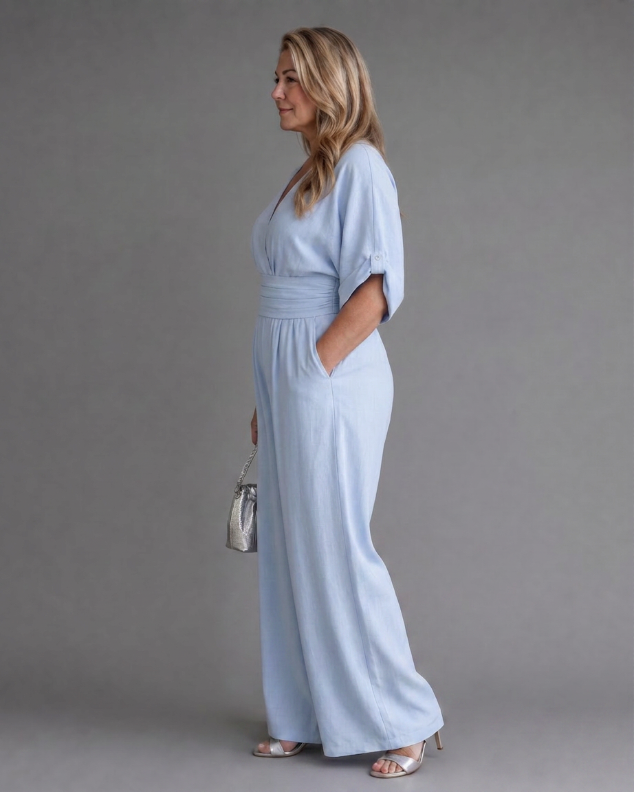Ottilie | Gedrapeerde V-hals Wijde Pijpen Ontspannen Jumpsuit