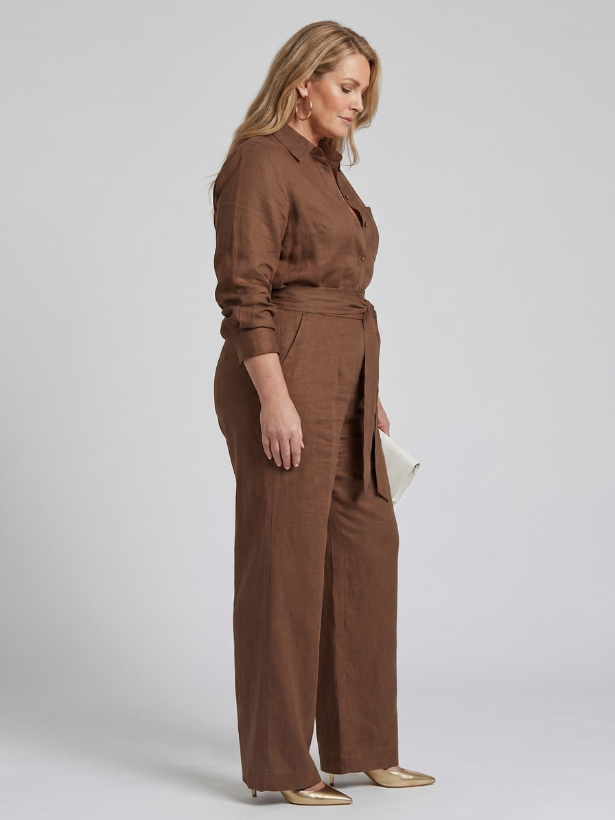 Bonnie | Lange Mouwen Knop Voorkant Wijde Pijpen Jumpsuit