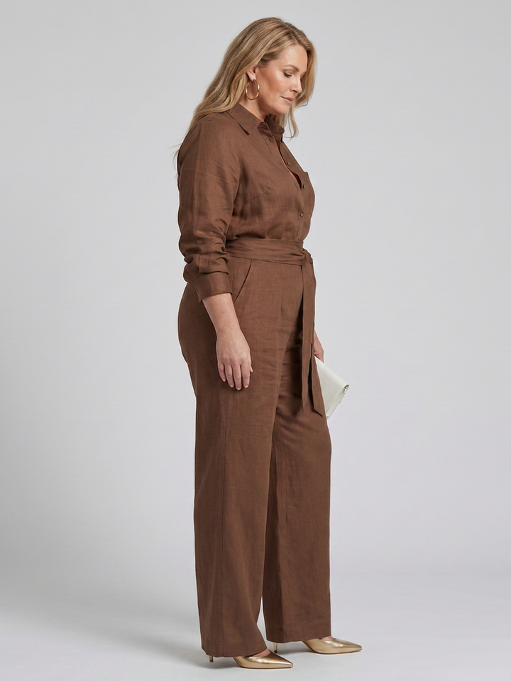 Bonnie | Lange Mouwen Knop Voorkant Wijde Pijpen Jumpsuit
