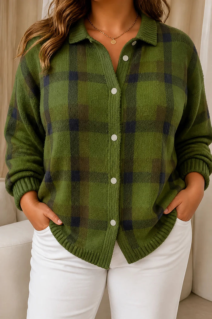 Dames Geruite Cardigan met Kraag en Knoopsluiting