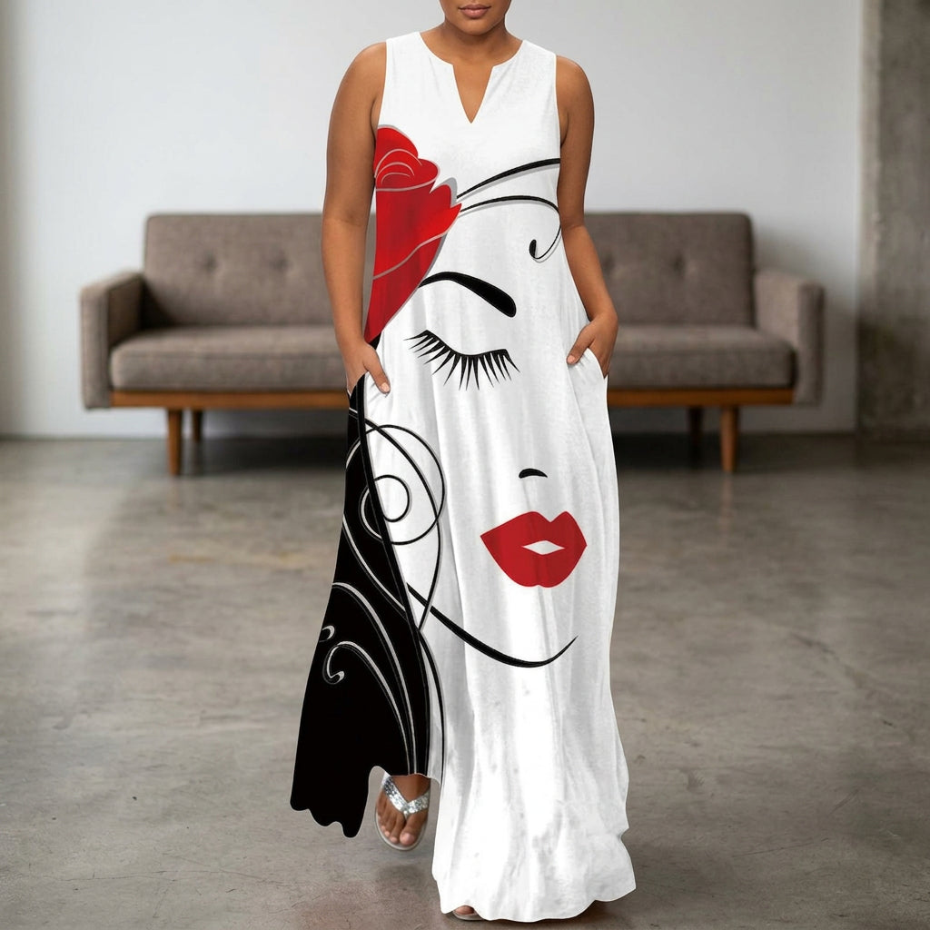 Beatrice | V-Hals Mouwloze Kunst Maxi Jurk