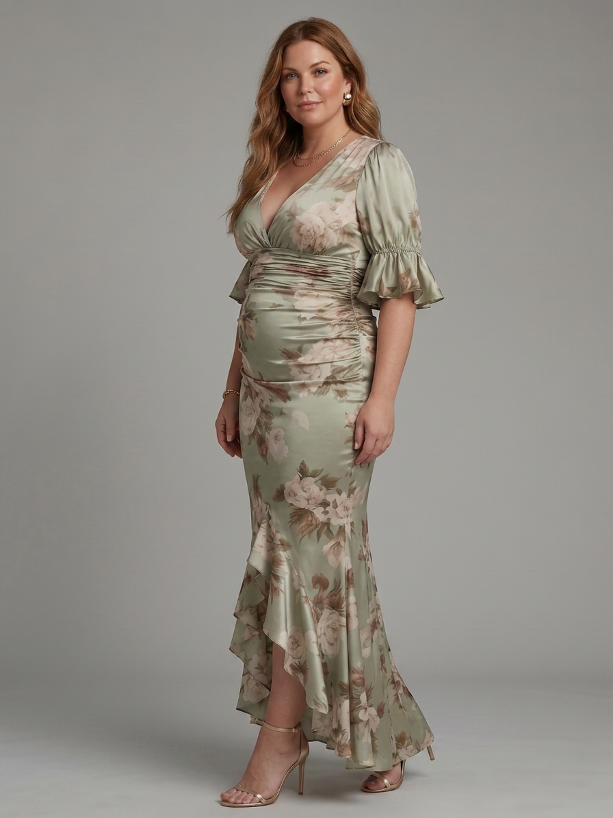 Wilhelmina | Korte Mouw V-Hals Geraffineerde Taille Midi Jurk