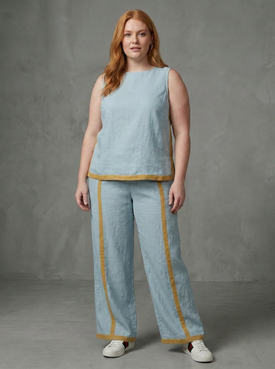 Yasmin | Mouwloze Top Set met Wijde Broek en Contrasterende Details