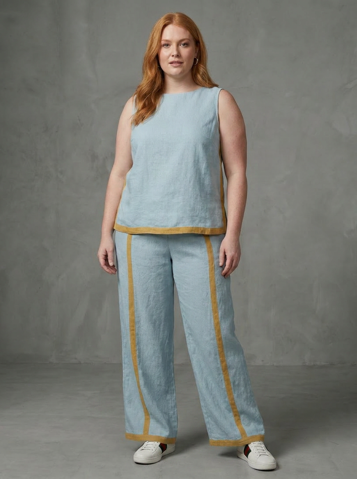 Yasmin | Mouwloze Top Set met Wijde Broek en Contrasterende Details