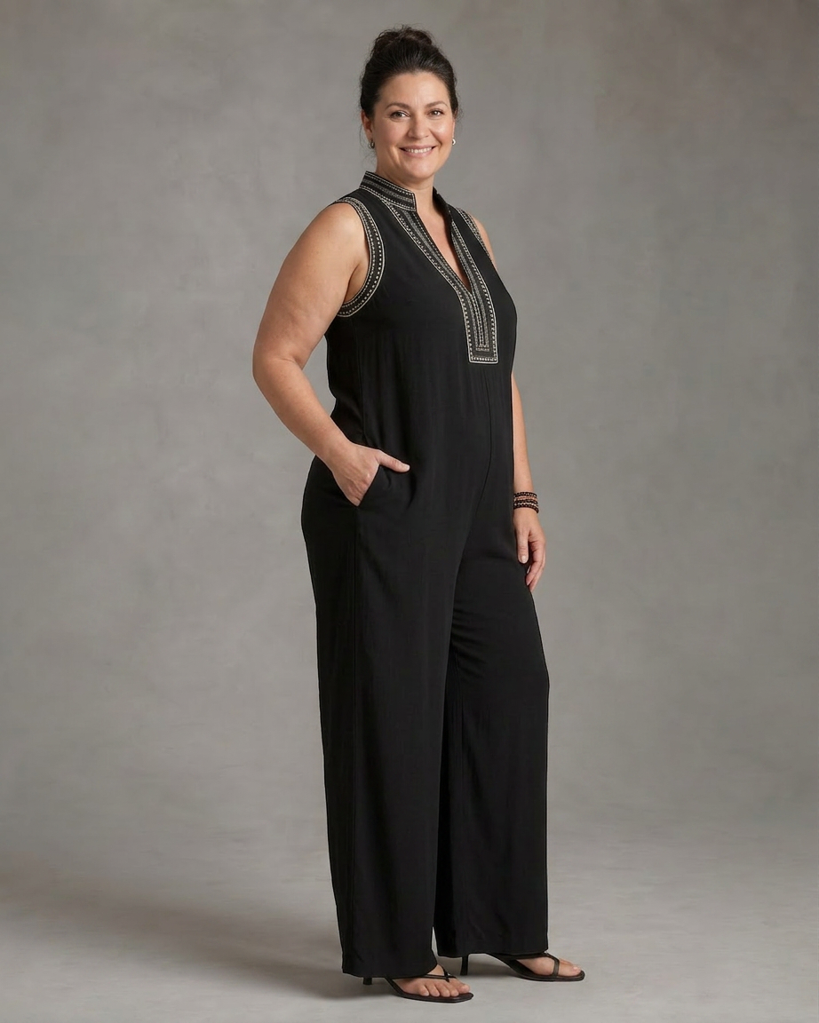 Wilhelmina | Geborduurde V-hals Mouwloze Wijde Pantalon Jumpsuit