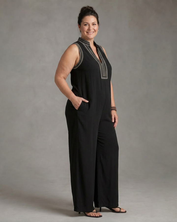Wilhelmina | Geborduurde V-hals Mouwloze Wijde Pantalon Jumpsuit