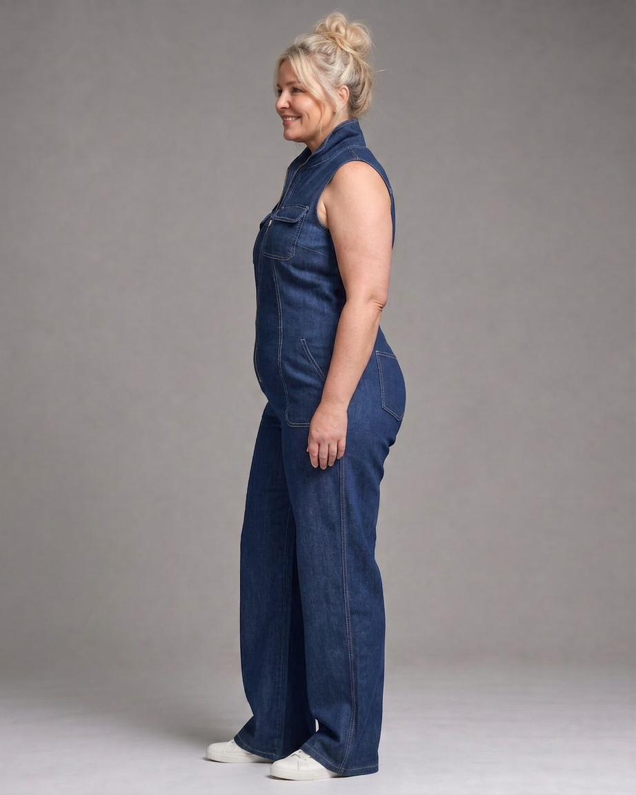Freya | Zip Front Mouwloze Denim Wijde Pantalon Jumpsuit