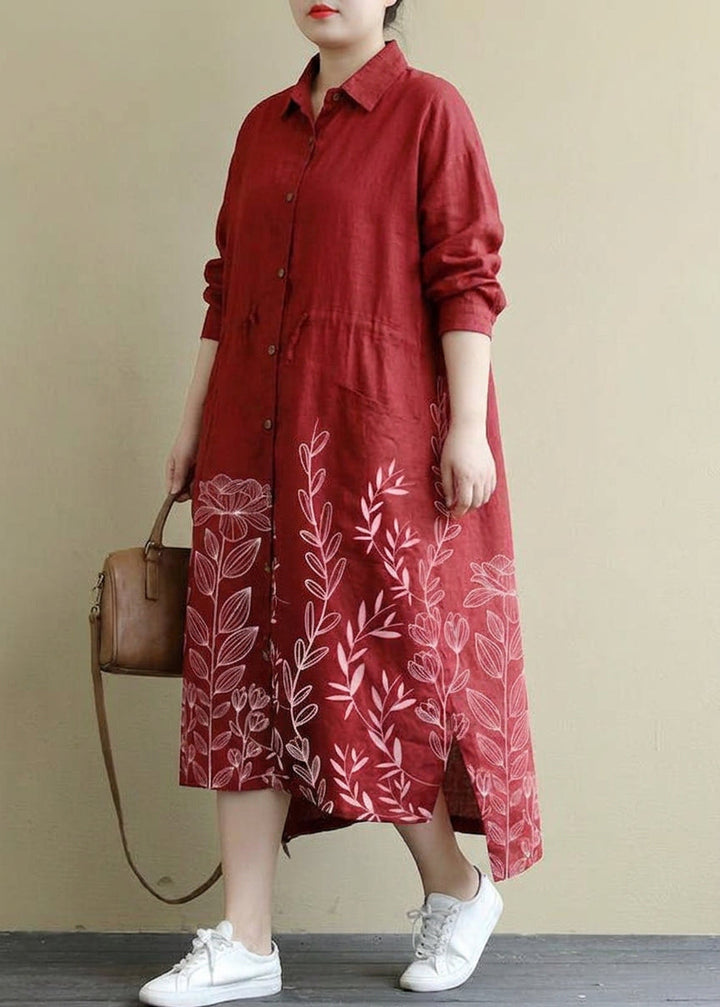 Isolde - Rood Linnen Shirt Jurk Casual Oversized Lente Maxi Jurken