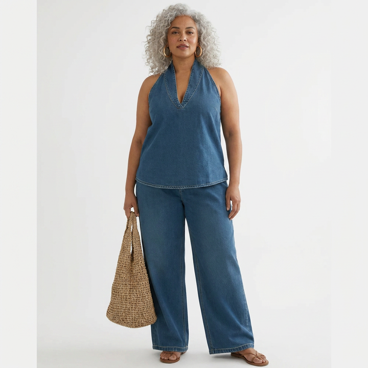 Junia | Vintage Gewassen Zachte Denim-Look Twee-Delige Set