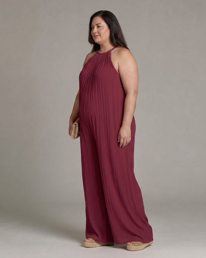 Wanda | Geplooide Halter Nek Wijde Pijpen Ontspannen Jumpsuit