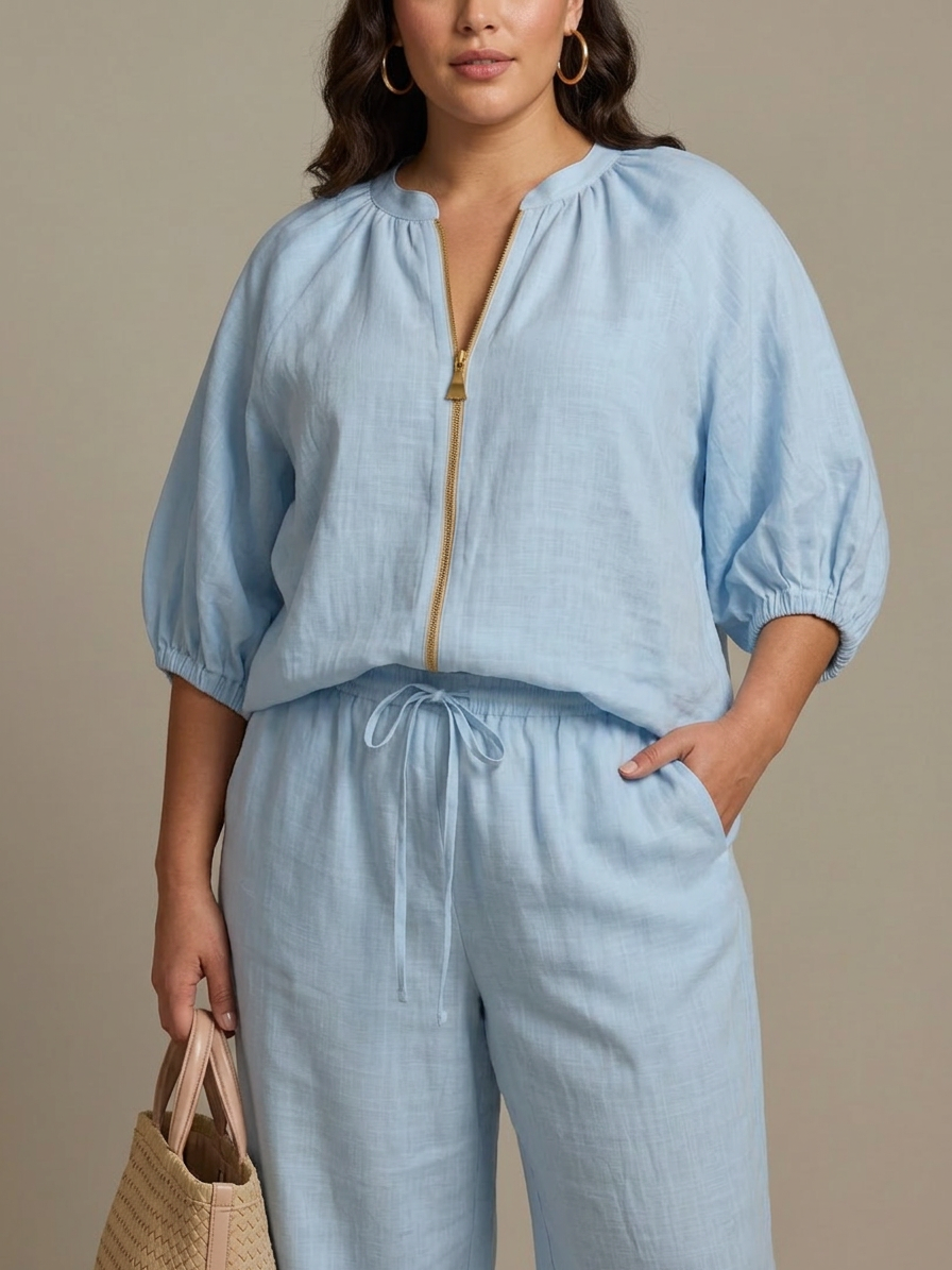 Cecily | Zip Front Blouson Top Wide Leg Set