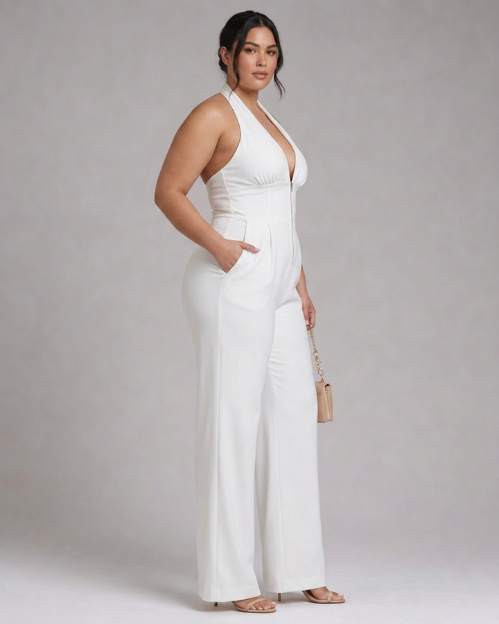Amina | Halter Nek Brede Pijp Mouwloos Jumpsuit