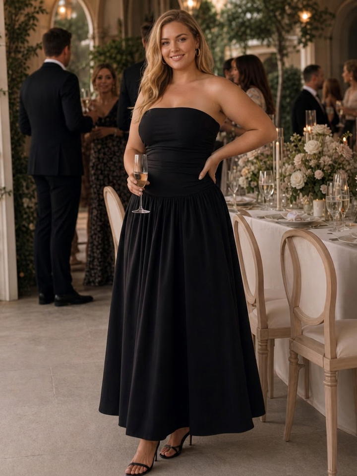 Clemence | Strapless Gerimpelde Midi-jurk