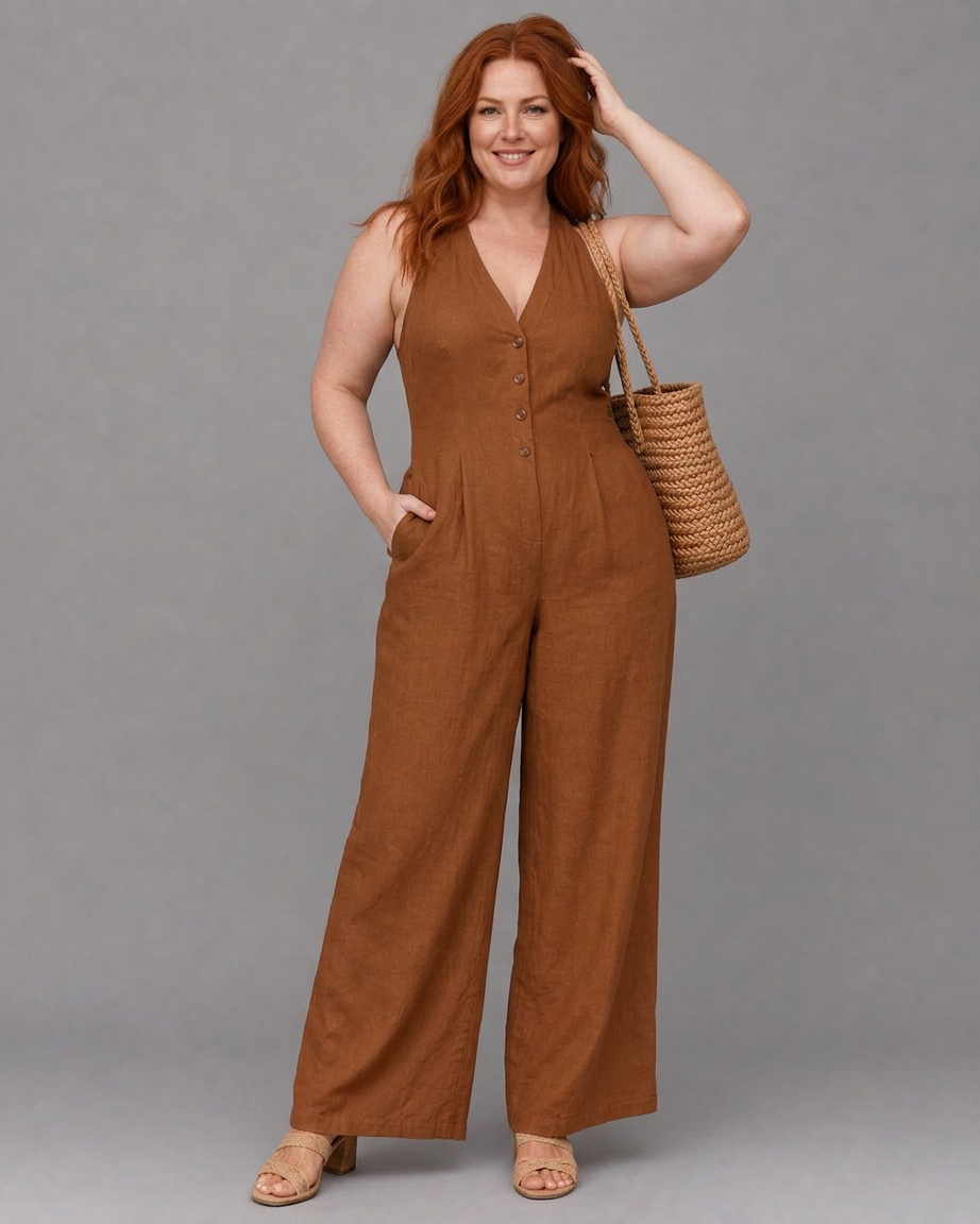 Vita | Knop Voorzijde Mouwloze Brede Pijpen Ontspannen Jumpsuit