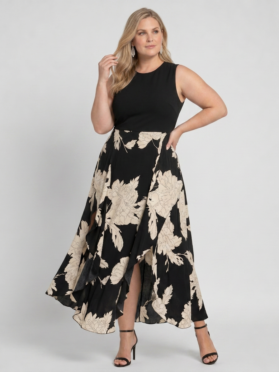 Shiloh | Mouwloze Bloemenprint Midi-jurk met Hoge Laag Zoom