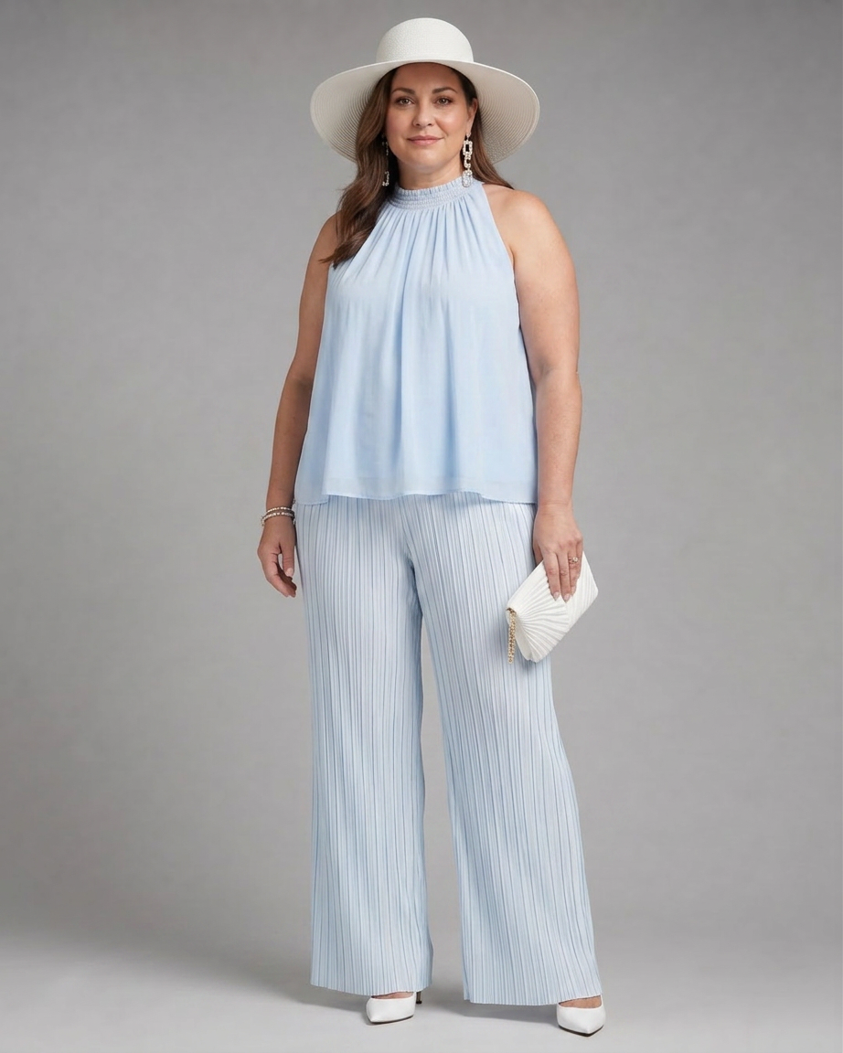 Dovie | Halter Nek Vloeiende Top En Geplooide Brede Pantalon Set