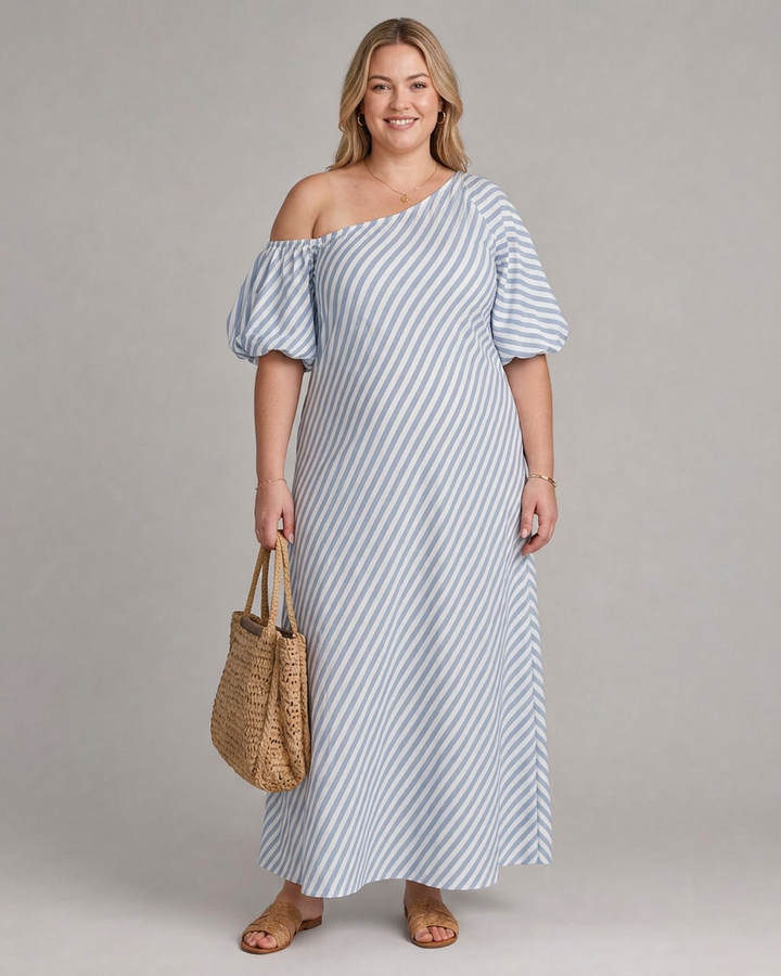Seraphina | Gestreepte Off Shoulder Puff Sleeve Midi Jurk