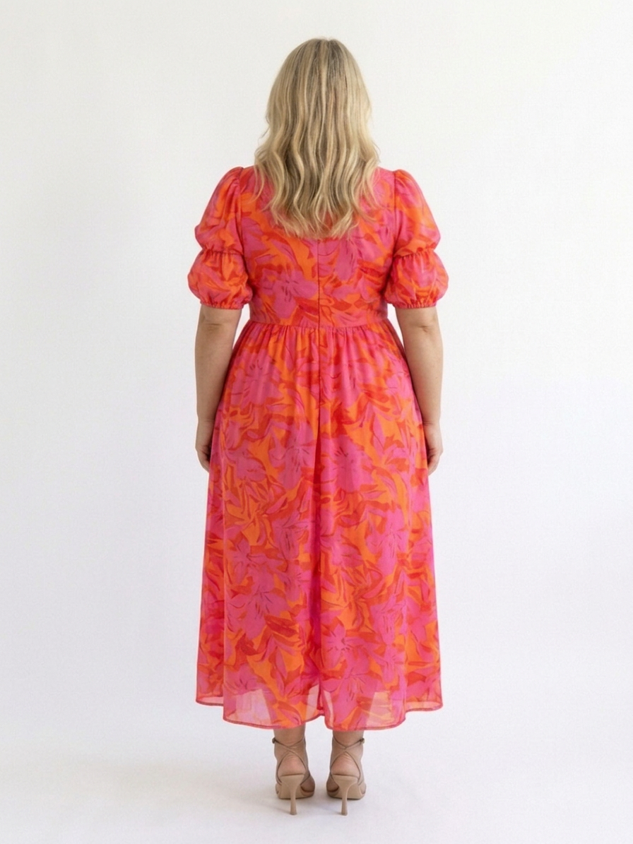 Beatrice | Bloemen V-Hals Puff Sleeve Midi Jurk