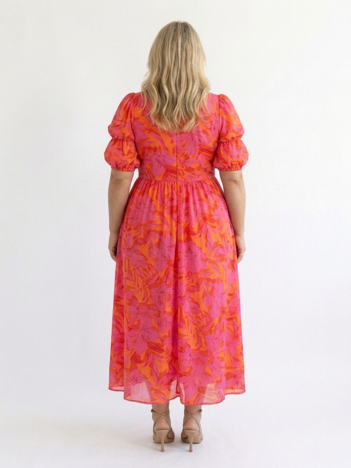 Beatrice | Bloemen V-Hals Puff Sleeve Midi Jurk