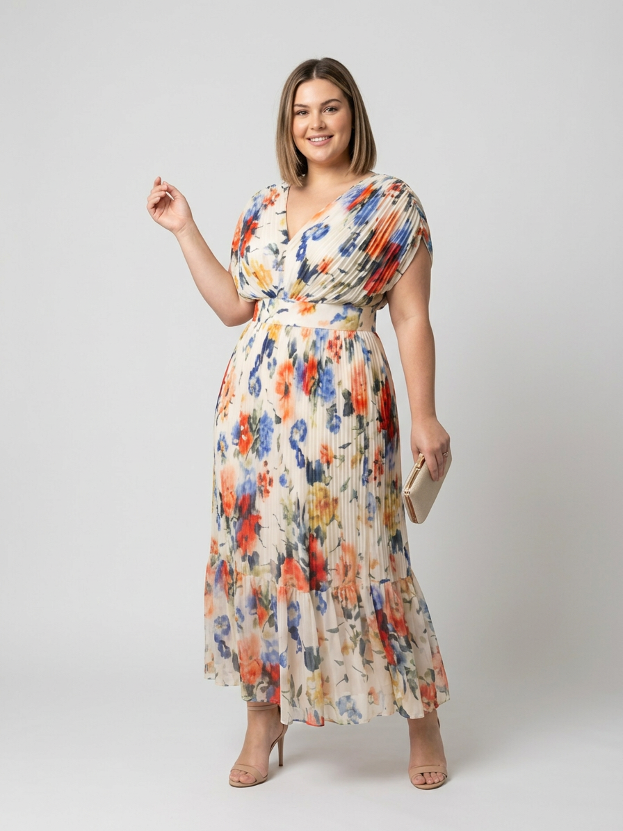 Coraline | Korte Mouw Geplooide Bloemen Midi Jurk