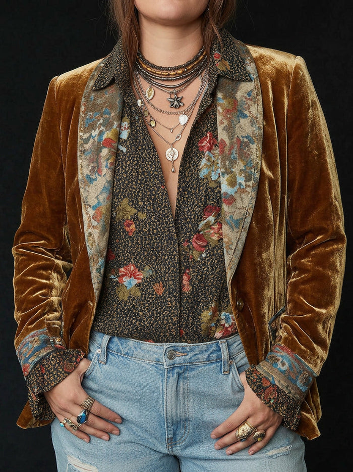 Dames Vintage Blazer met Floral Patchwork en Gestructureerde Revers