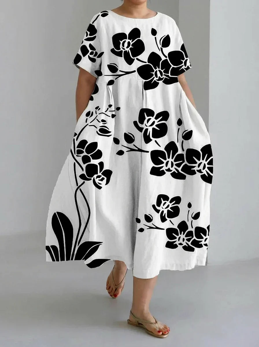 Amity | Elegante Casual Zwarte Bloemen Losse Jurk